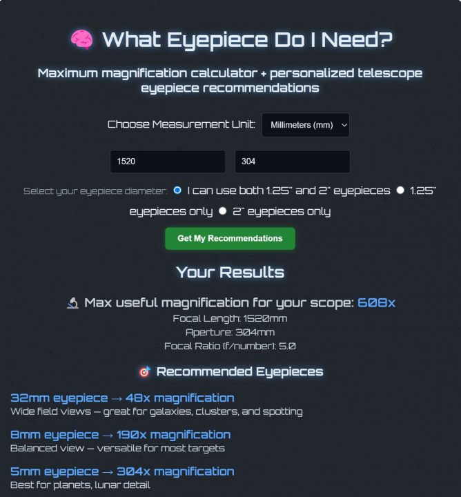 Telescope eyepiece calculator tool screenshot