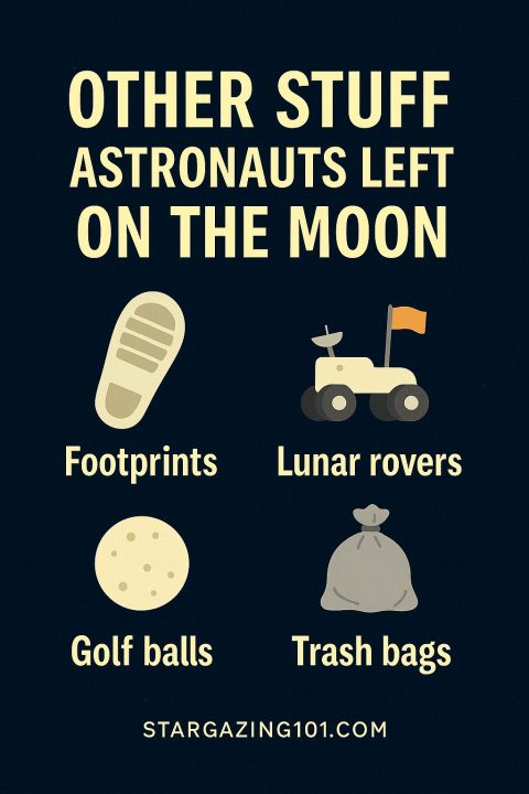 Illustration showing items Apollo astronauts left on the Moon, including footprints, lunar rovers, golf balls, and trash bags.