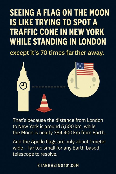 You’d need a telescope over 240 meters wide to see a 1-meter flag on the Moon—more than 6× bigger than the largest telescope ever built.