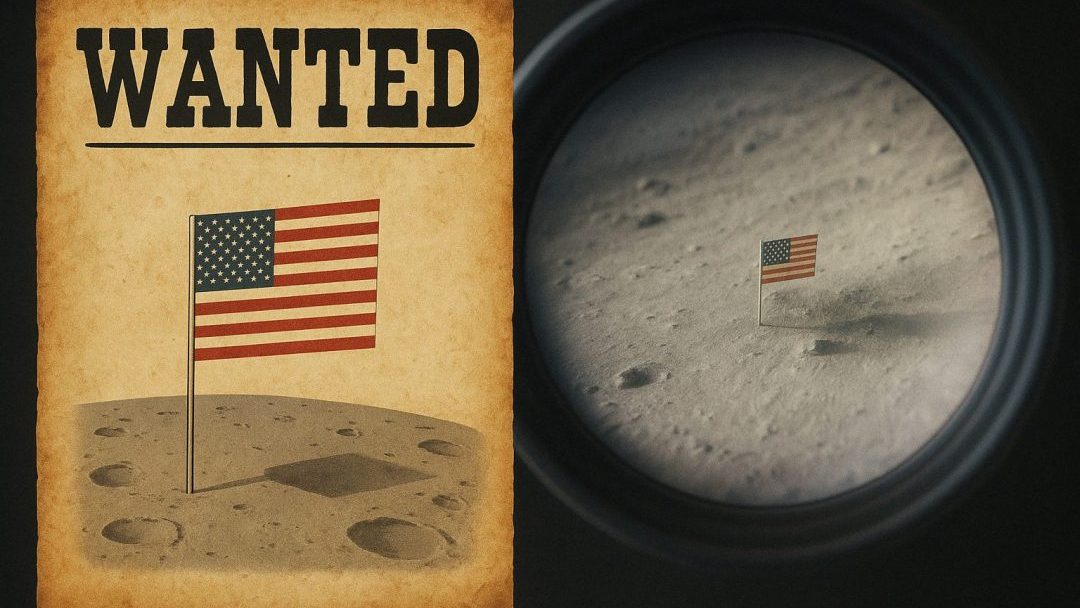 A vintage-style “Wanted” poster of the American flag on the Moon, paired with a realistic telescope view of the flag on the lunar surface.