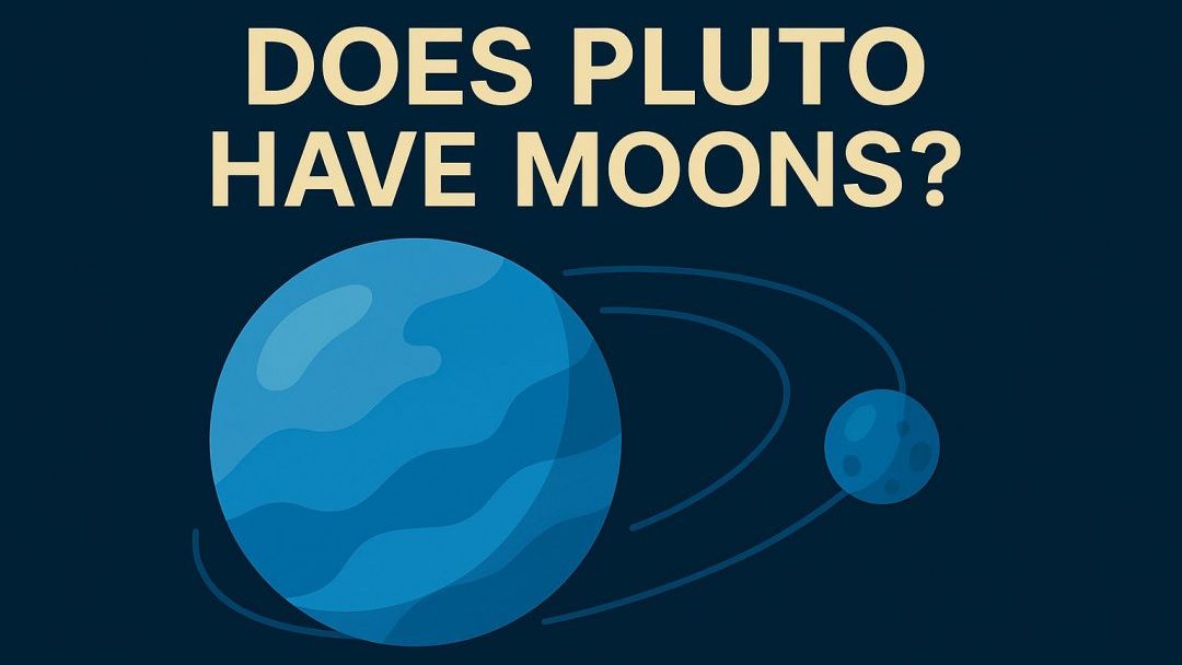 Illustration of Pluto and its moon Charon in space, with the question “Does Pluto Have Moons?” displayed in a 16:9 graphic format.