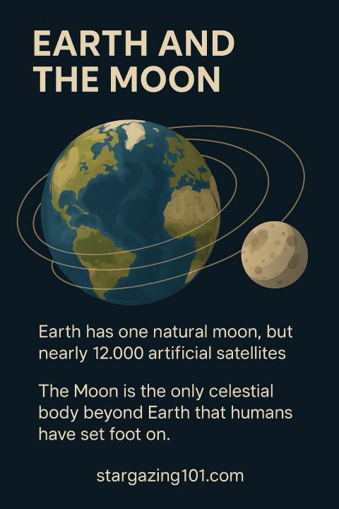 Illustration showing Earth with orbital lines representing 12,000 artificial satellites, and the Moon, the only celestial body humans have stepped foot on.