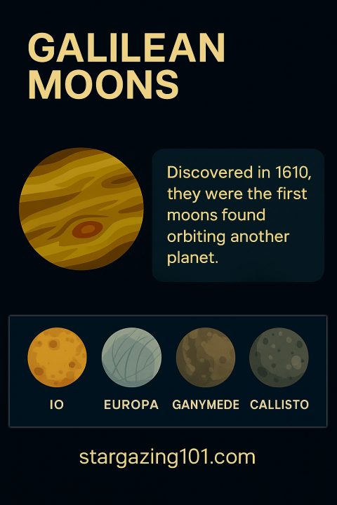 Infographic showing Jupiter and its four Galilean moons: Io, Europa, Ganymede, and Callisto, discovered in 1610 as the first moons found orbiting another planet.