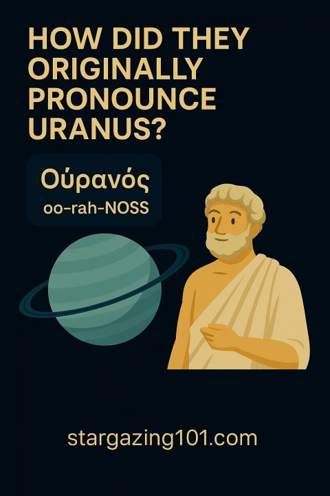 Infographic showing Uranus and a Greek figure explaining the original pronunciation "Ouranos" (oo-rah-NOSS), meaning sky or heaven in Greek mythology.