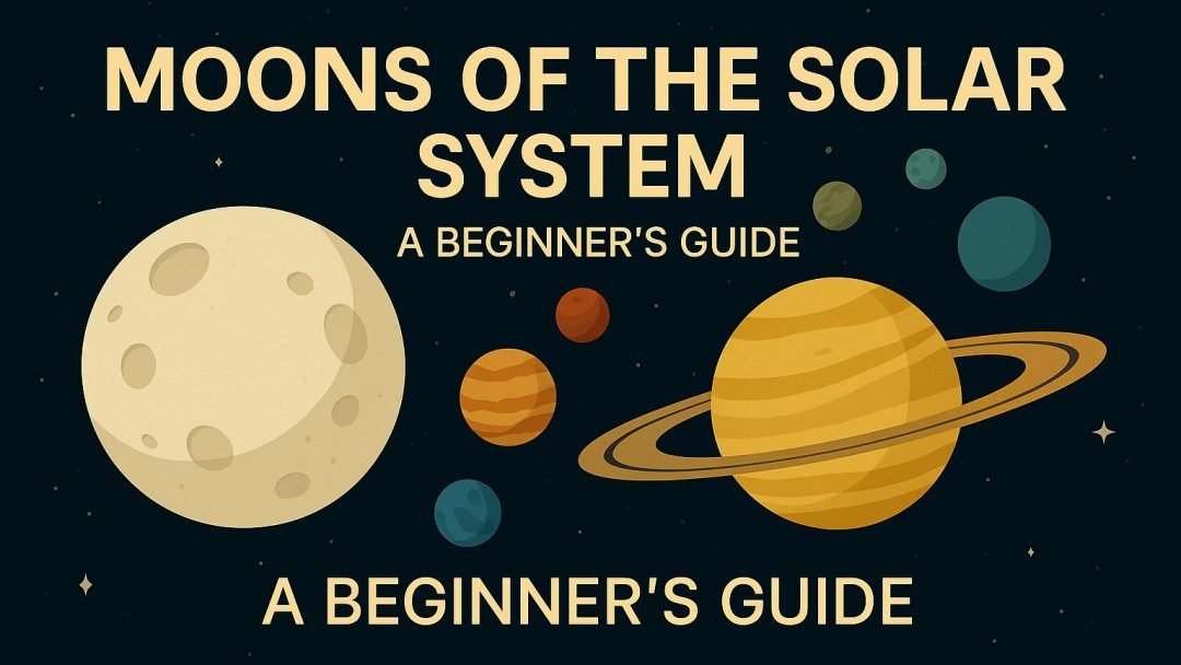 Flat-style digital illustration showing the planets of the solar system with orbiting moons, labeled “Moons of the Solar System: A Beginner’s Guide,” on a dark space background.
