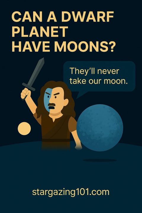 Infographic featuring a blue dwarf planet character inspired by Pluto, declaring that even though it's no longer classed as a planet, it still has moons.