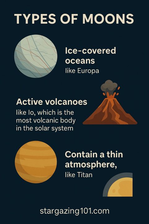 Infographic showing three types of moons: Europa with ice-covered oceans, Io with active volcanoes, and Titan with a thin atmosphere.