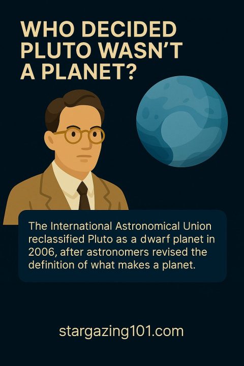 Infographic showing a confused Pluto holding a clipboard and asking who decided it’s no longer a planet, highlighting the IAU's reclassification decision.