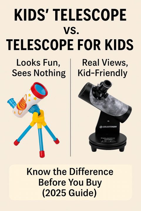 Side-by-side comparison of a toy kids telescope versus a real telescope suitable for children, highlighting the difference between gimmicky and beginner-friendly gear.